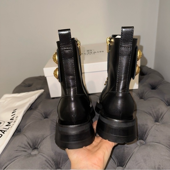 New Size 36.5 Balmain Calfskin Button Cuff Ranger Boots Black Gold - Picture 8 of 9